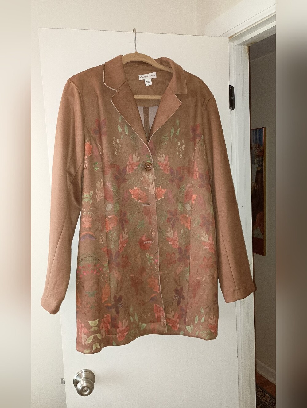 Coldwater Creek Brown Floral-Print Suede-Look Jacket
